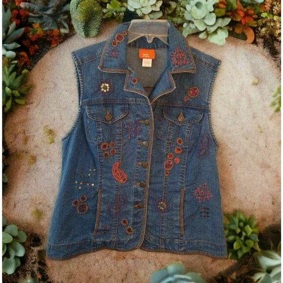 Vtg 90s Hearts of Palm Women’s Denim Vest Sz 8 Embroidered Floral Indie Western - Picture 1 of 9